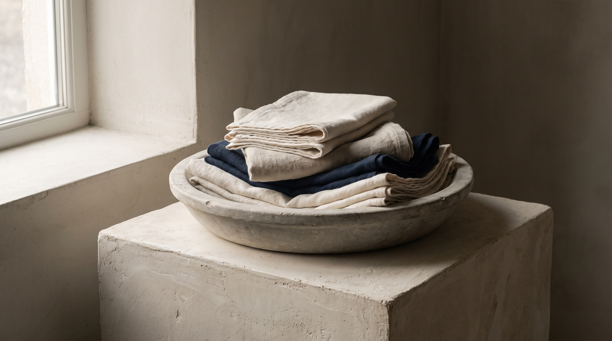 Folded cotton and linen garments in off-white and navy resting in a shallow round limestone basin on a pale plaster surface in soft daylight