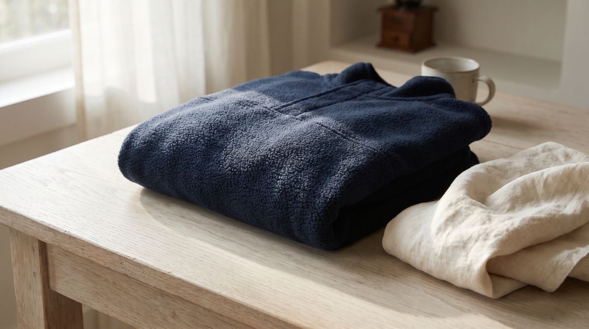A folded deep navy fleece with a raised pile resting on a pale oak surface beside a folded off-white linen cloth in soft daylight