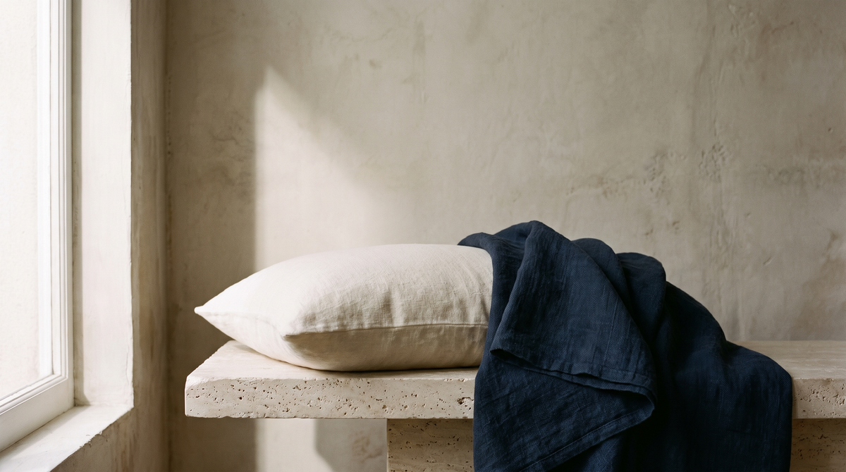 A pillow in a plain off-white linen case on a pale travertine ledge beside a folded navy linen throw in soft morning daylight