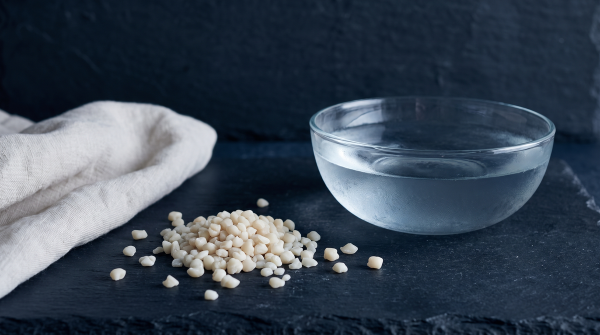 Pale fragrance beads scattered across a dark slate surface beside a shallow glass of cool water in low morning light