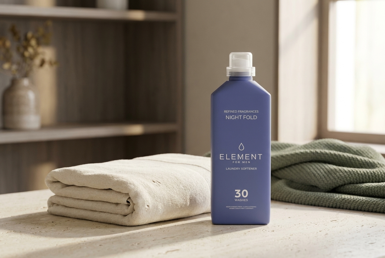 Element Night Fold fabric softener bottle beside a folded towel in warm morning light.