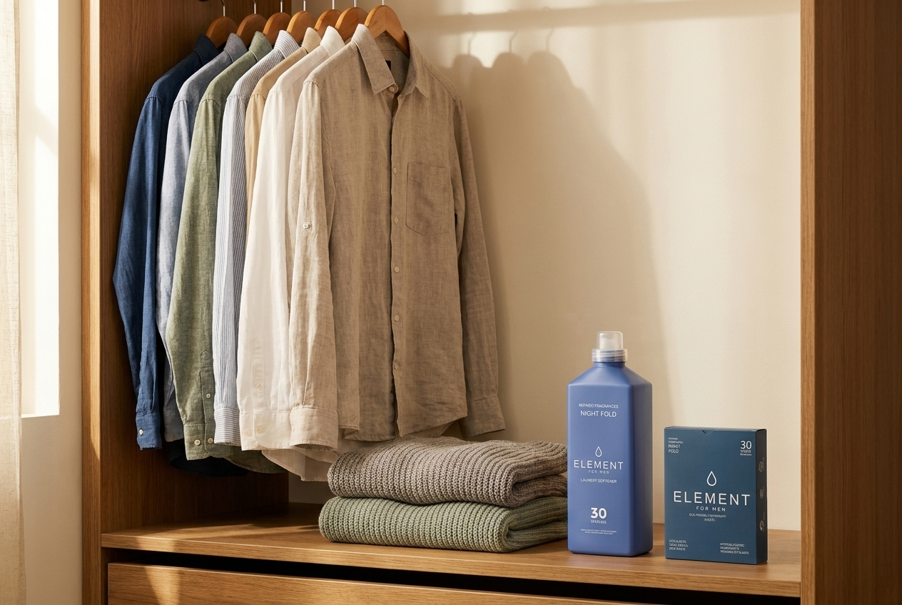 Open wardrobe of neatly hung shirts with an Element Night Fold detergent box and fabric softener on the shelf in warm natural light