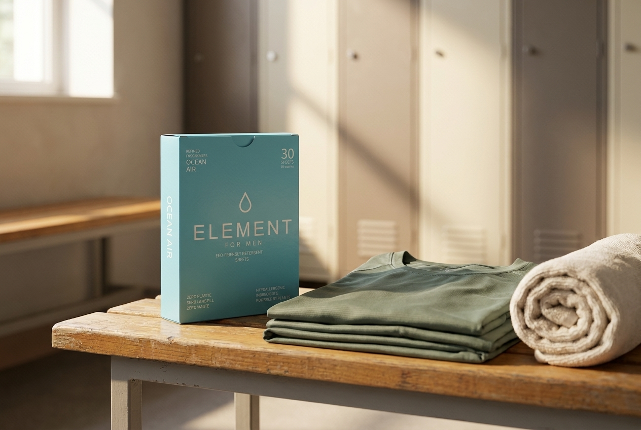 Element for Men Ocean Air detergent sheets box on a locker-room bench beside neatly folded gym clothes and a towel.