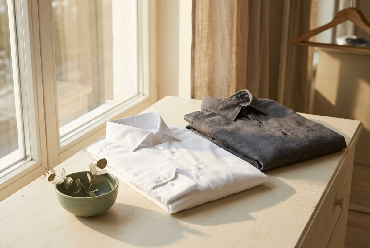 A folded white shirt beside a folded charcoal shirt on a table by a window