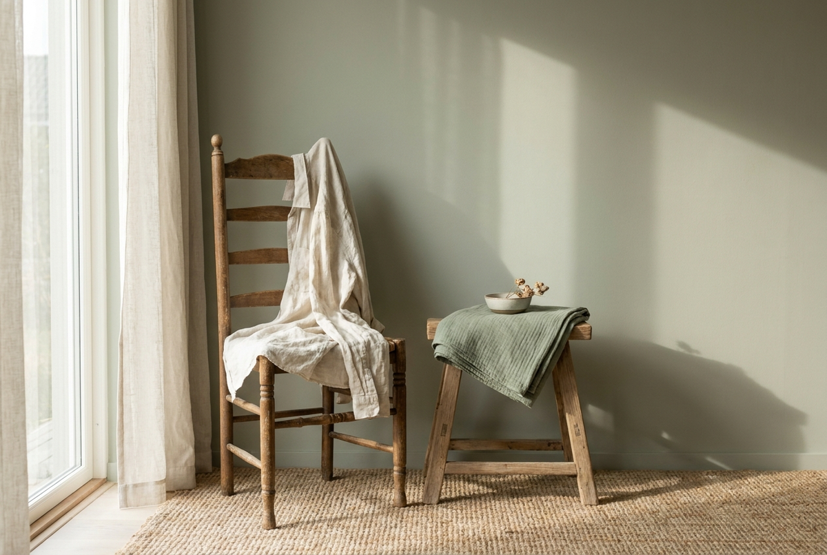 A rumpled linen shirt draped over a wooden chair by a window
