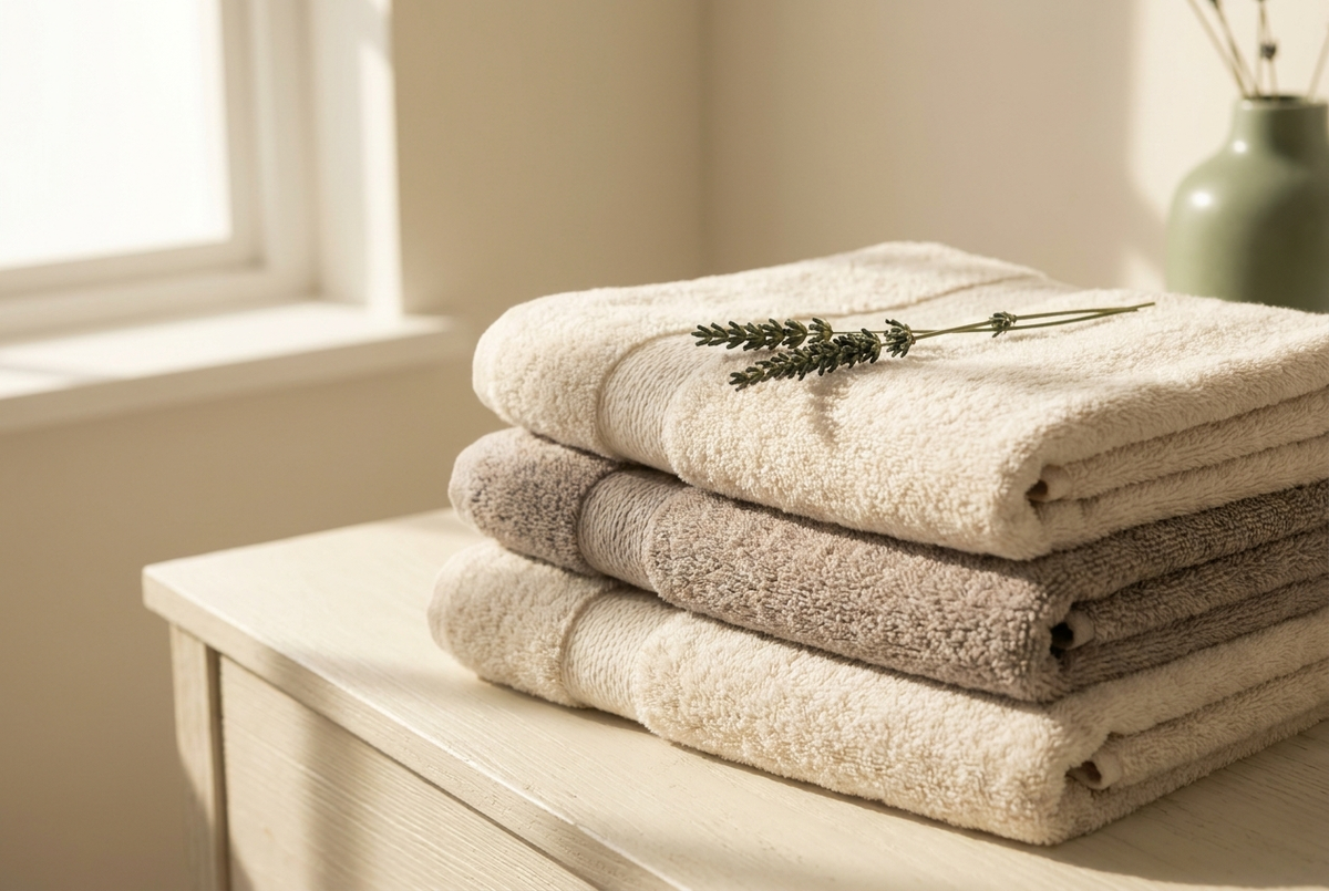 A stack of soft folded towels with a sprig of lavender