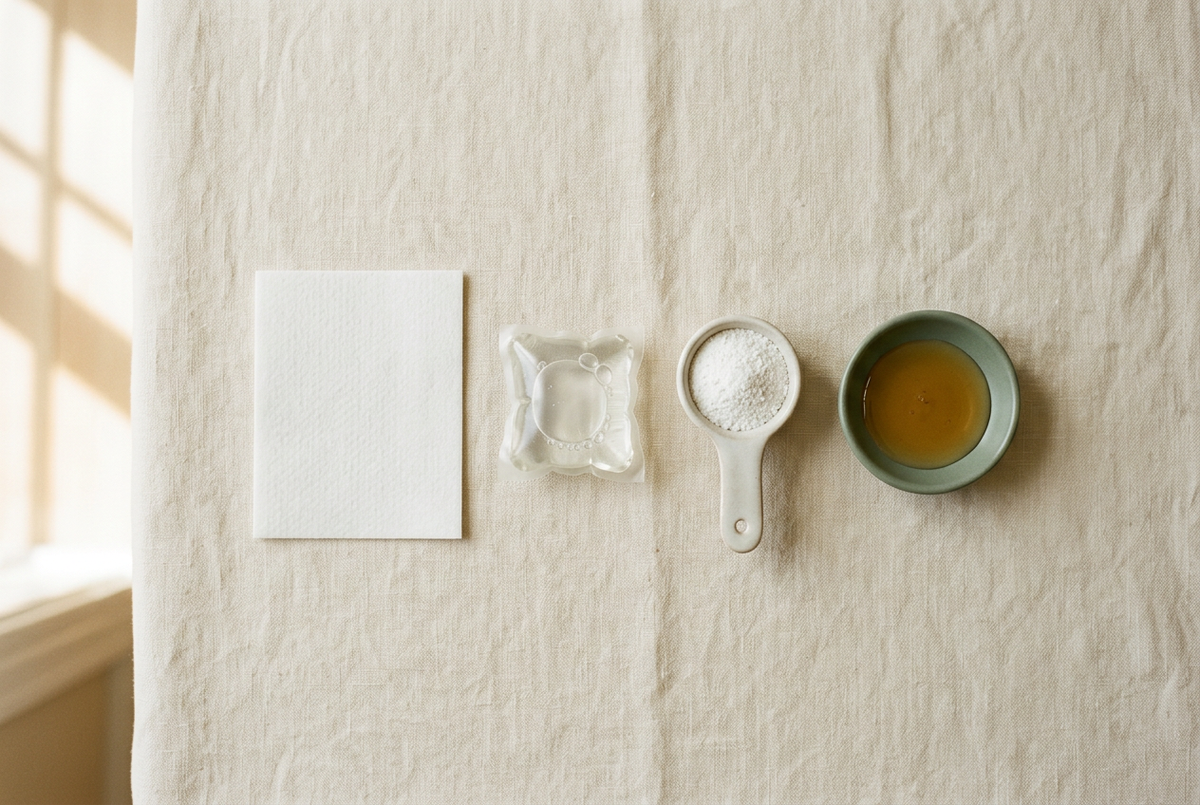 A laundry detergent sheet, pod, powder and liquid arranged for comparison