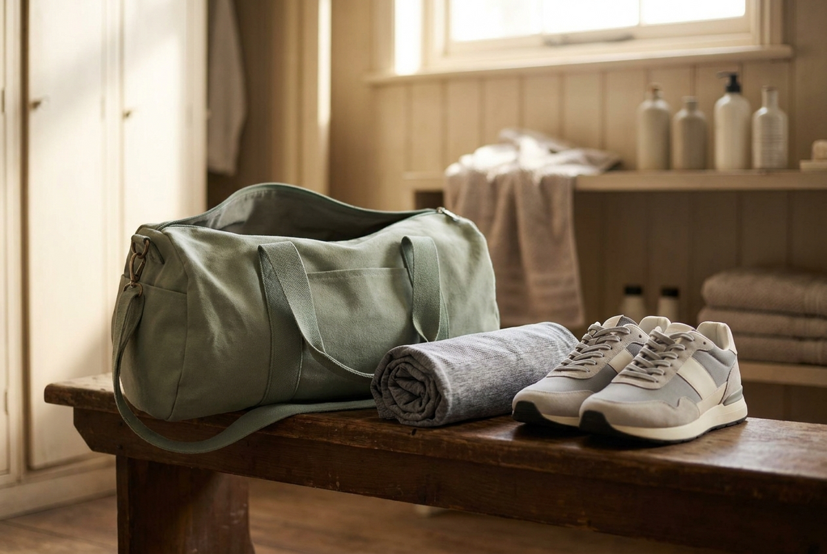 A canvas gym holdall, rolled performance t-shirt and trainers on a wooden bench