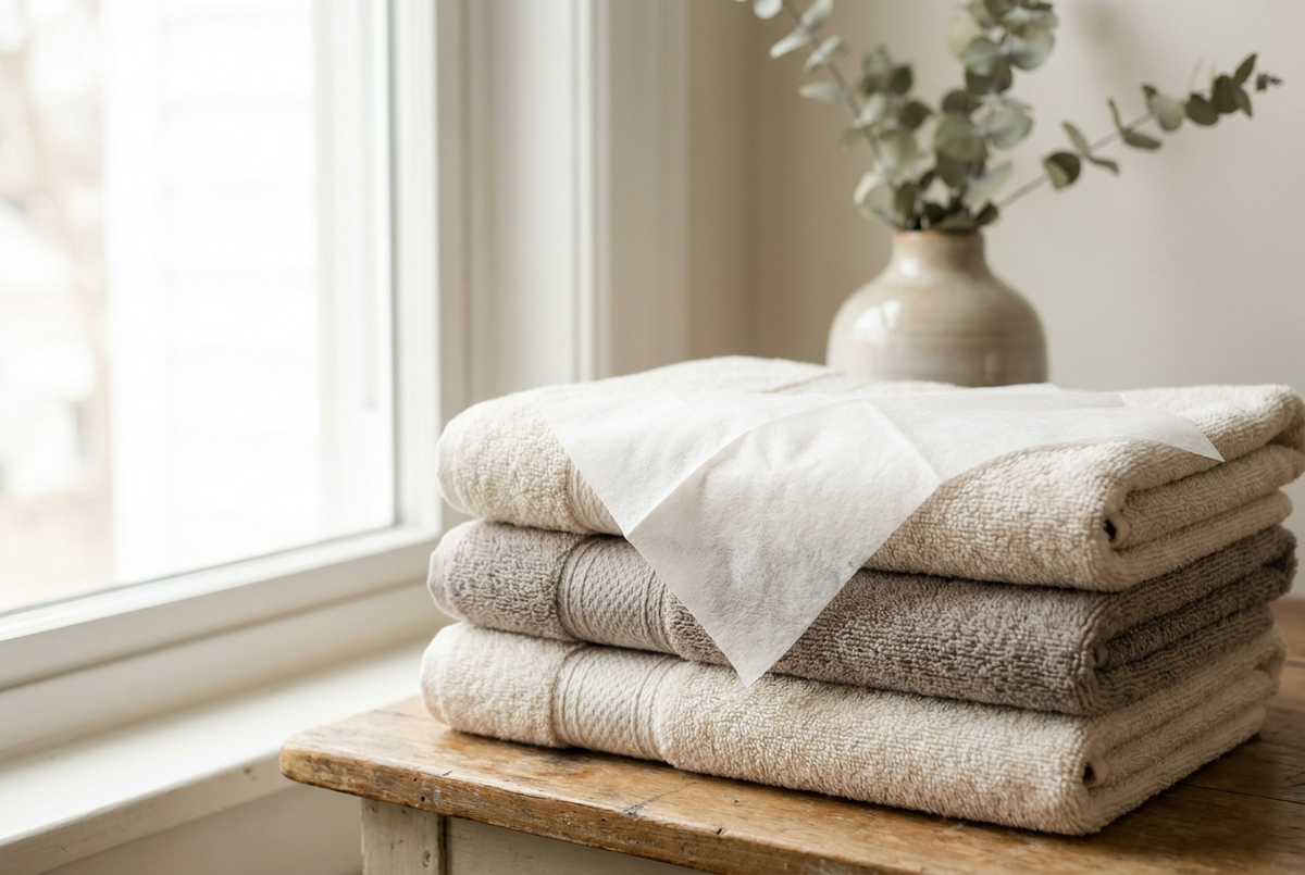 Plush folded towels with a soft dryer sheet draped over the top