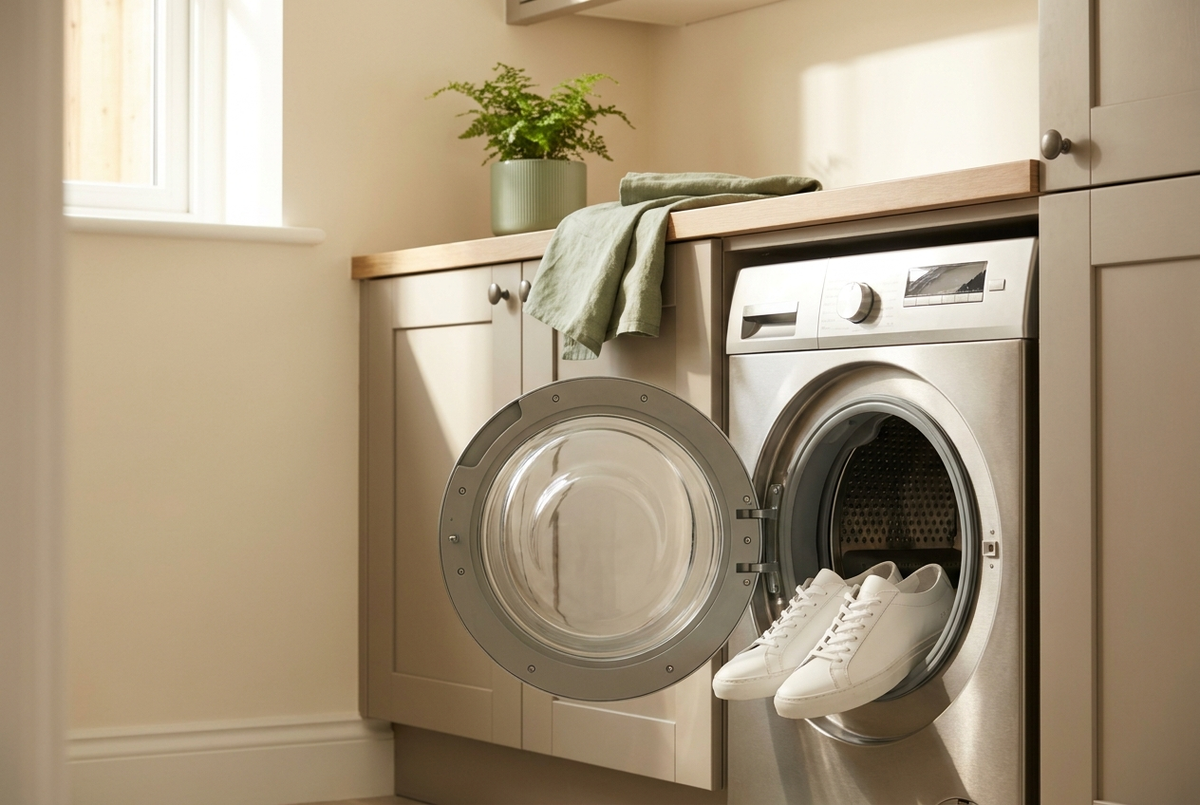 Clean white trainers resting on the open door of a washing machine