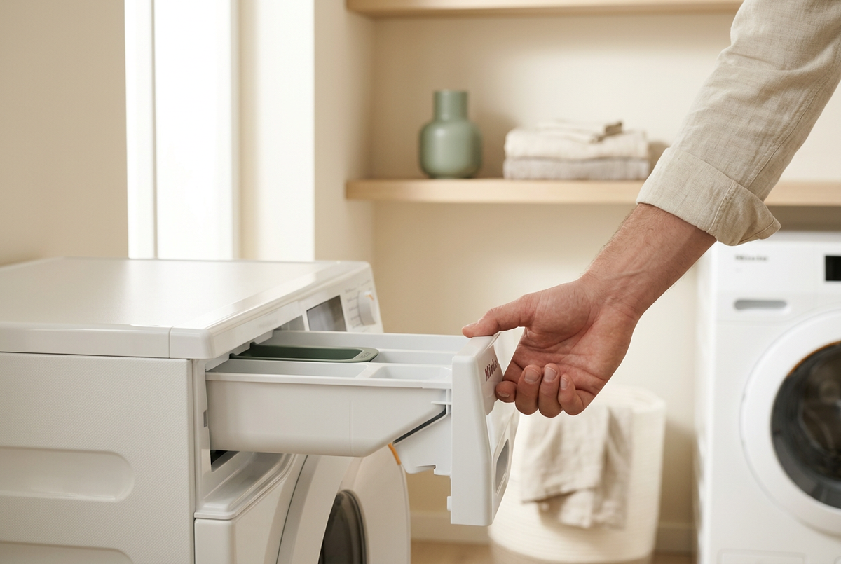 A hand opening the washing machine detergent drawer to the softener compartment