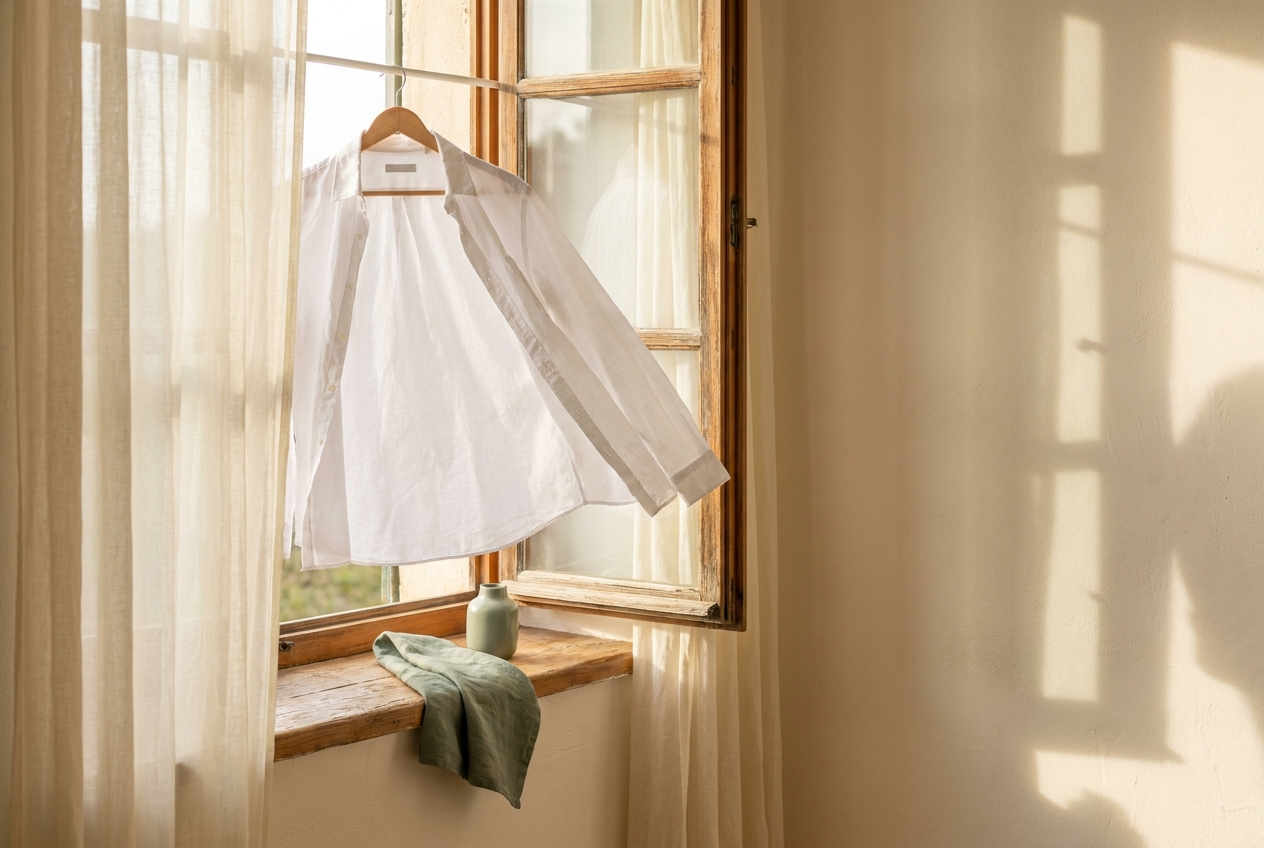 A fresh white shirt airing on a wooden hanger by an open window