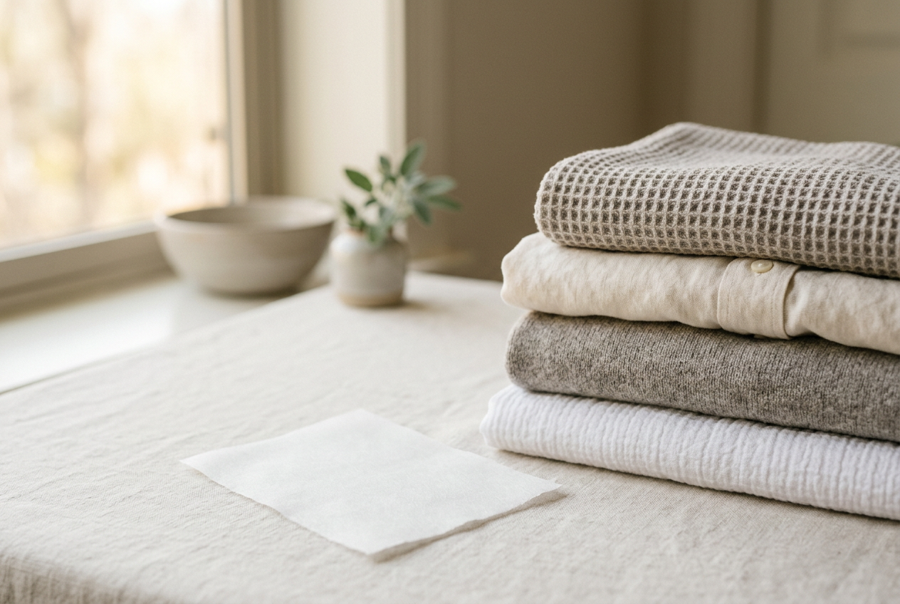 A white laundry detergent sheet beside a neat stack of folded laundry