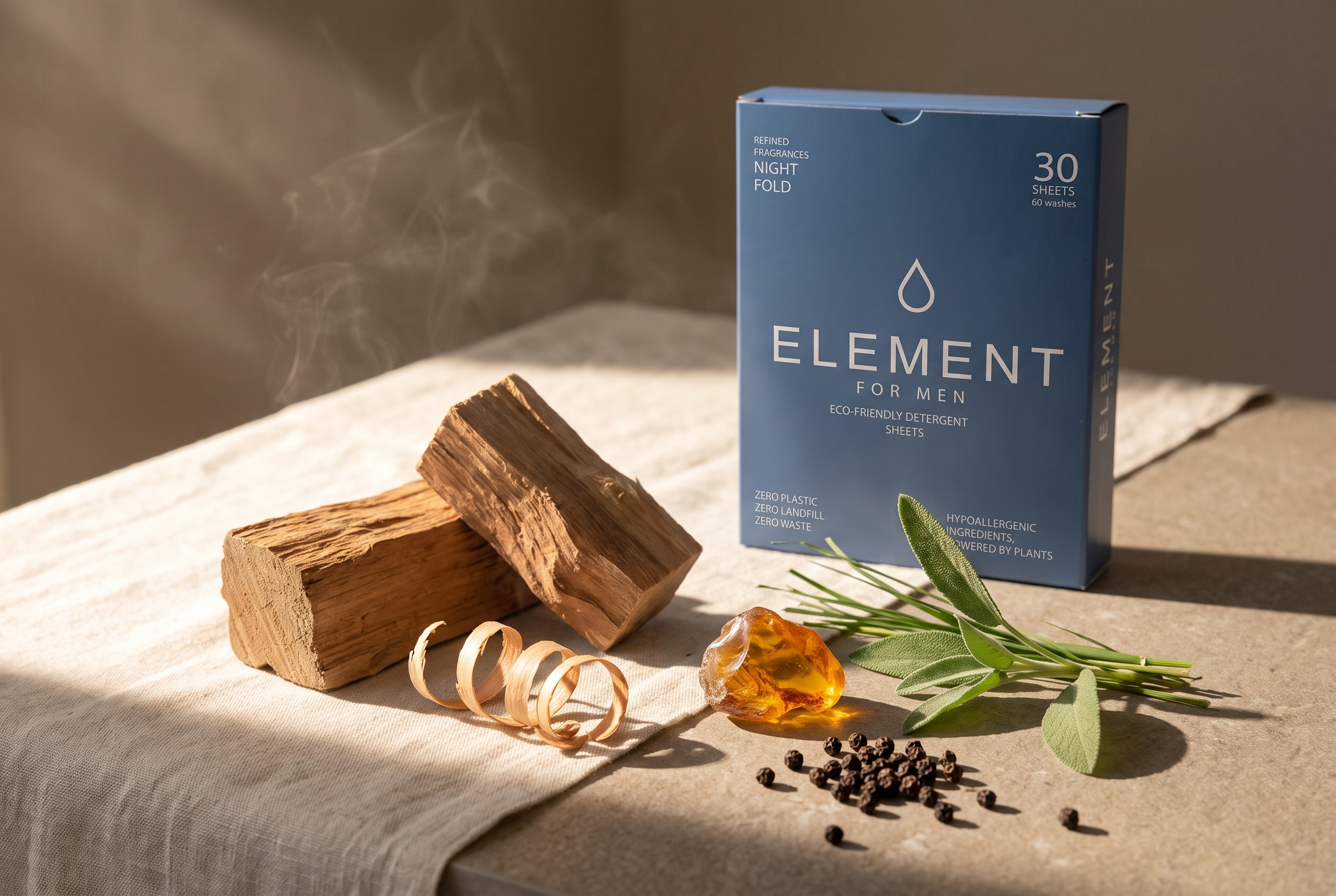 Masculine scent notes — cedarwood, sandalwood, amber resin, black pepper and sage — beside Element for Men Night Fold laundry detergent sheets