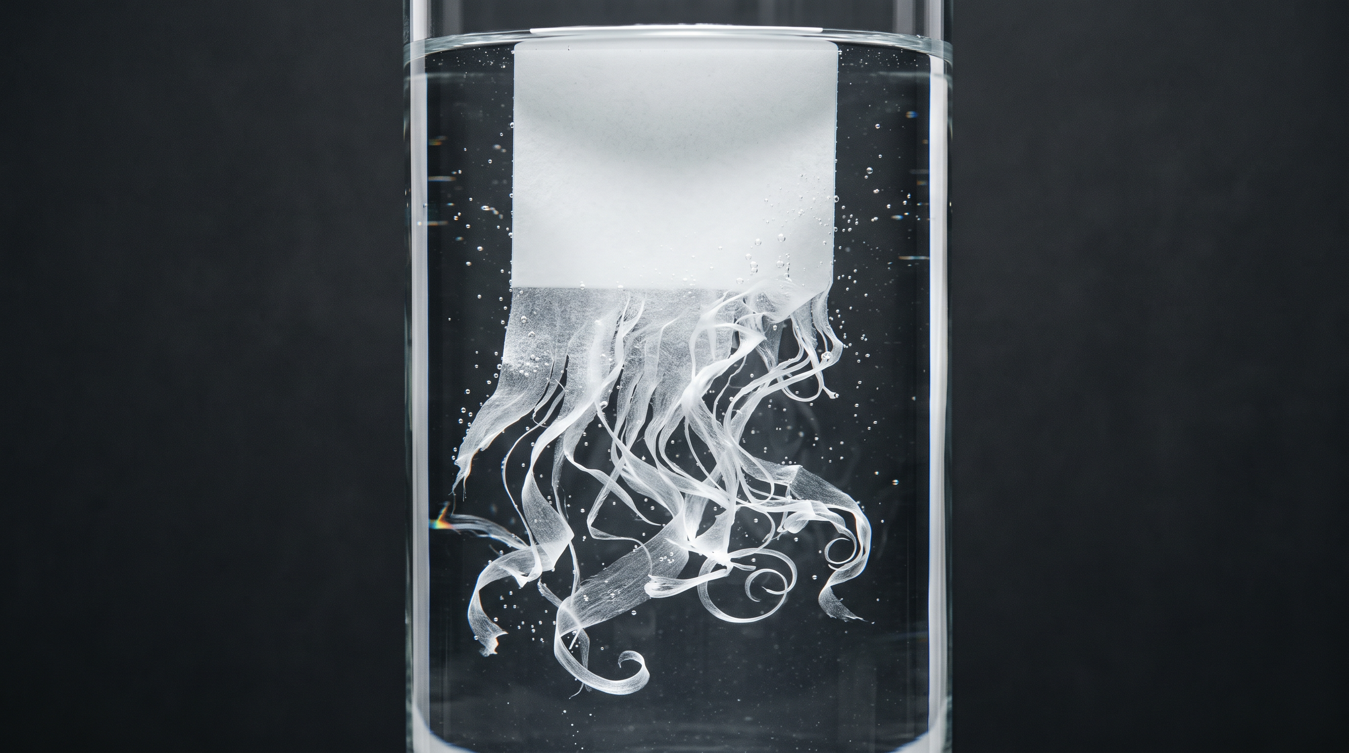 A macro photograph of a thin translucent laundry detergent sheet dissolving into fine ribbons in a glass of clear water, backlit against a charcoal background