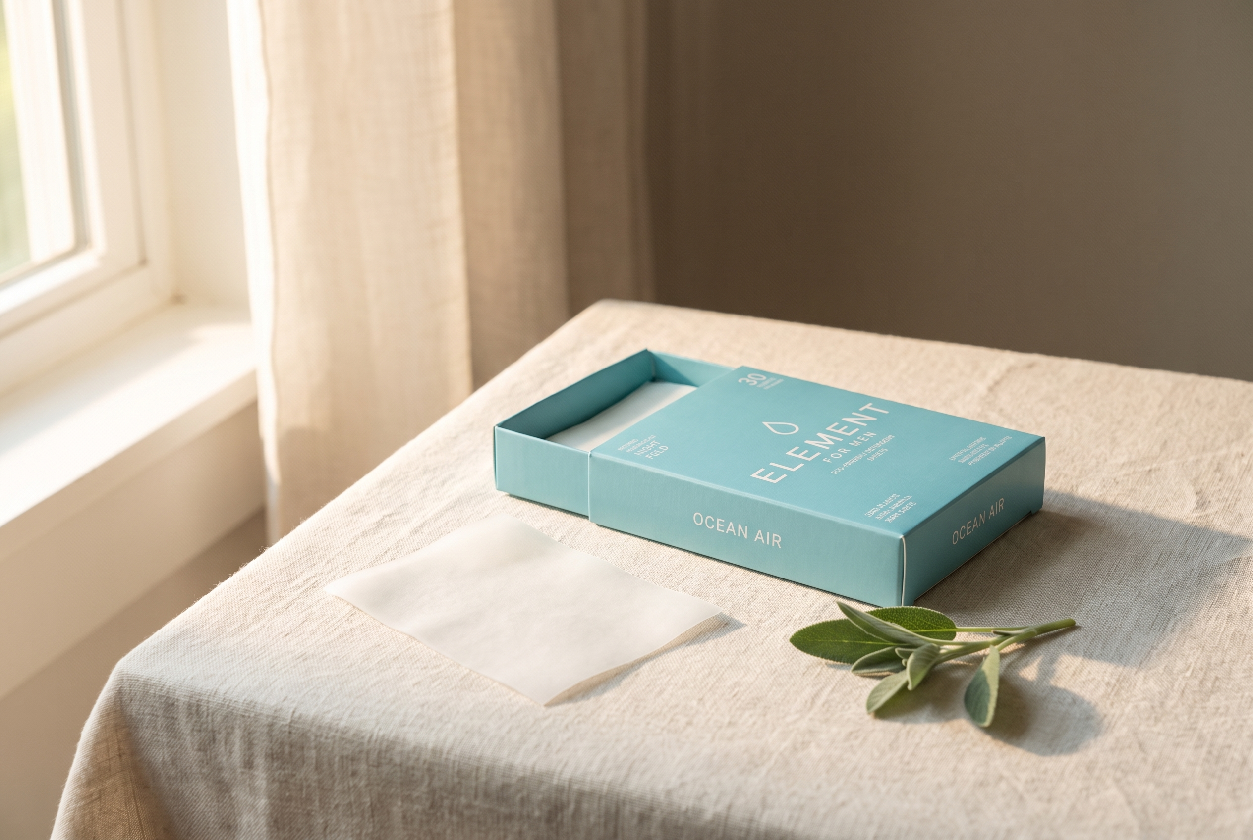 Single Element Ocean Air detergent sheet beside its open light-blue box on cream linen in warm morning light