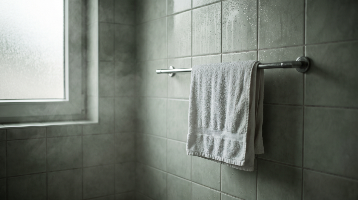 A damp white towel folded over a chrome rail in a tiled bathroom