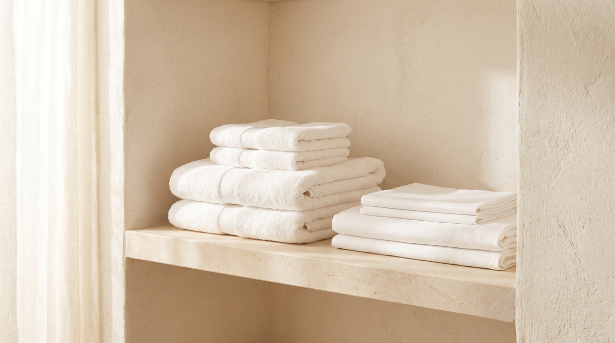 A stack of white cotton towels and folded bed linen on a pale limestone shelf