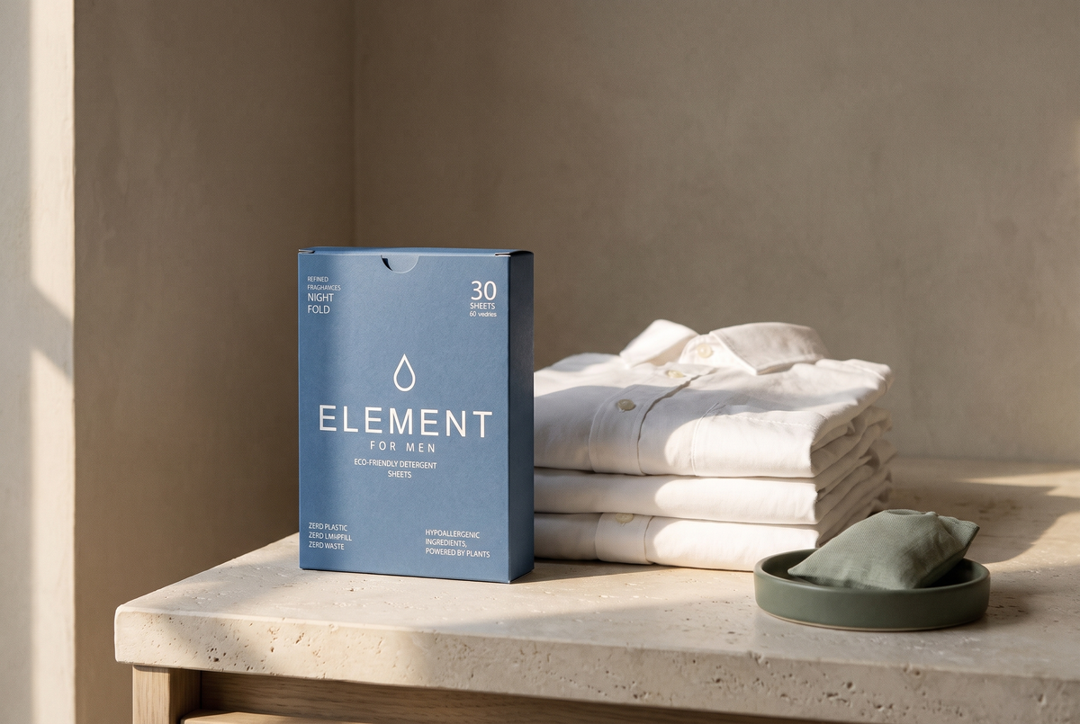 An Element for Men Night Fold detergent sheet carton standing on a limestone worktop beside a stack of folded white cotton shirts in afternoon light