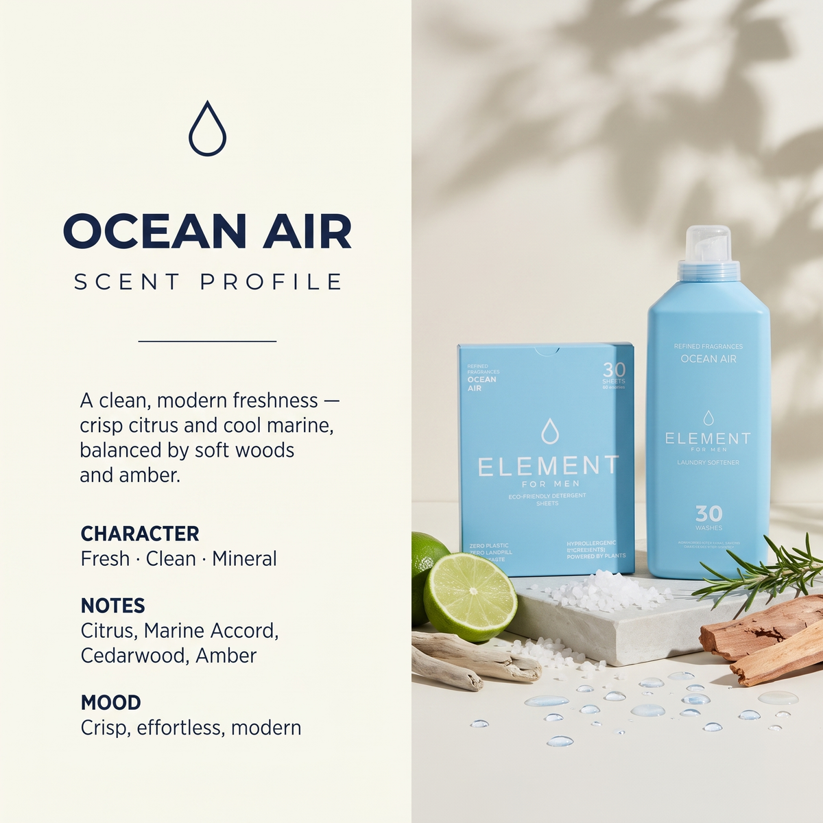 Ocean Air detergent sheets and fabric softener together, one complete wash
