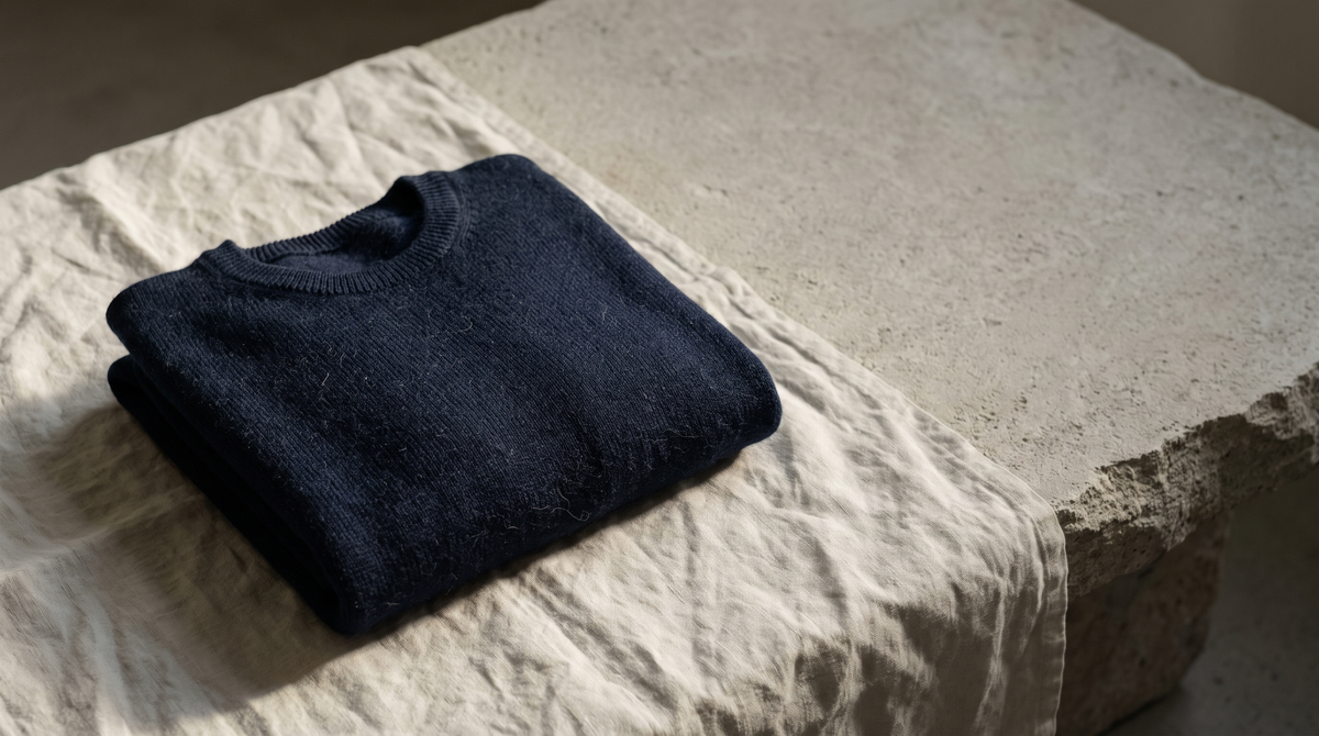 A folded navy merino knit jumper on off-white washed linen, low raking daylight showing the surface texture of the wool fibres