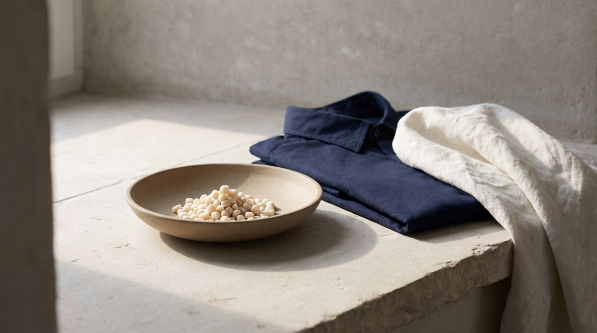 A shallow ceramic dish of pale fragrance beads beside a folded navy cotton shirt on a limestone surface in soft daylight