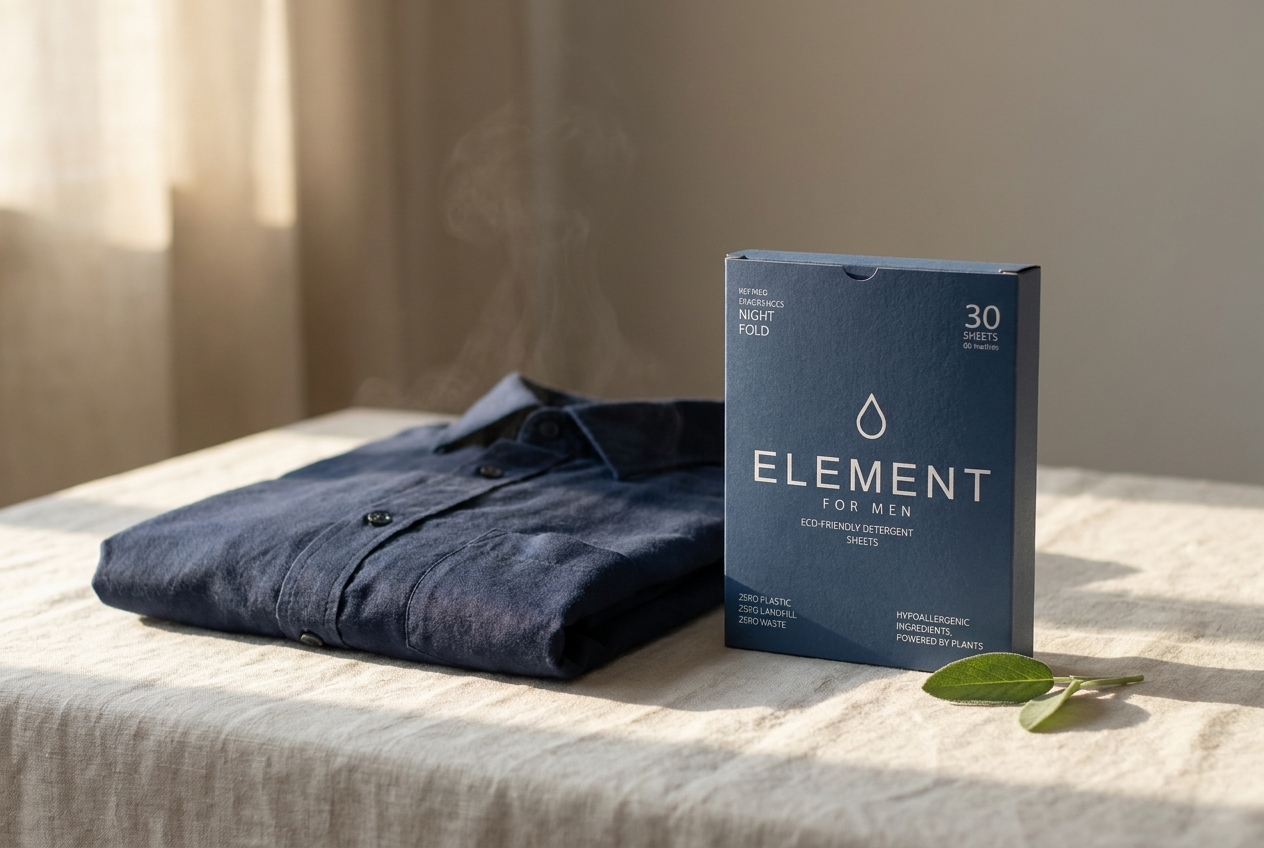 Folded freshly washed shirt beside a navy Element Night Fold detergent sheets box in warm morning light.