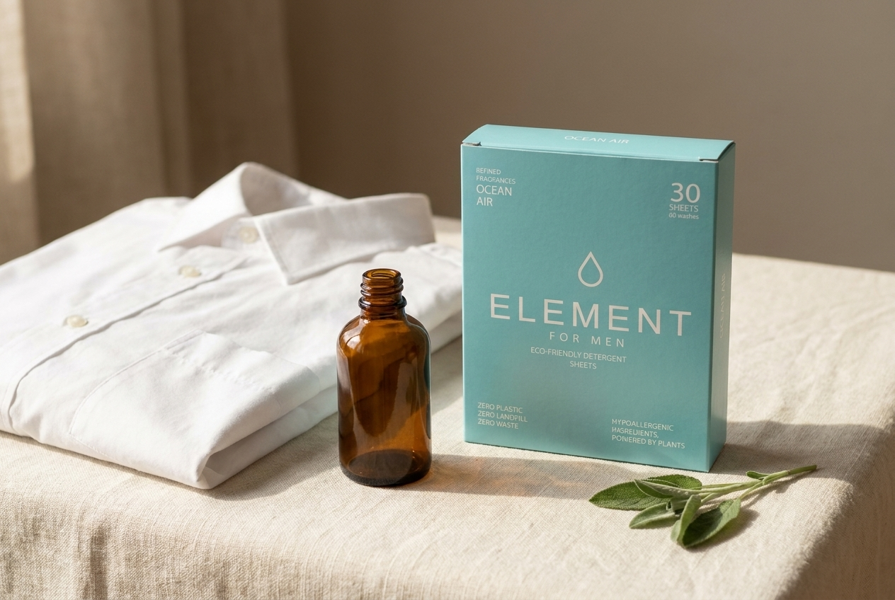 Amber fragrance bottle beside a folded shirt and an Element Ocean Air detergent sheets box — eau de toilette vs eau de parfum concentration.