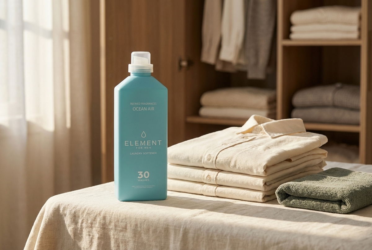 Element Ocean Air fabric softener beside freshly folded laundry — softener versus detergent for how clothes smell.