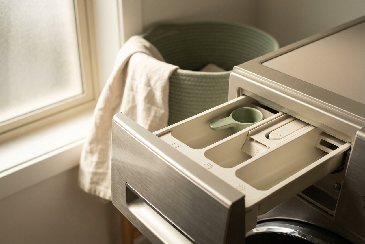 An open washing machine detergent drawer showing its compartments and symbols