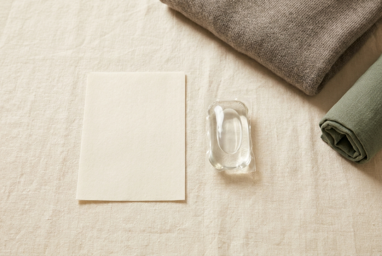 A white laundry detergent sheet beside a laundry pod on a cream surface