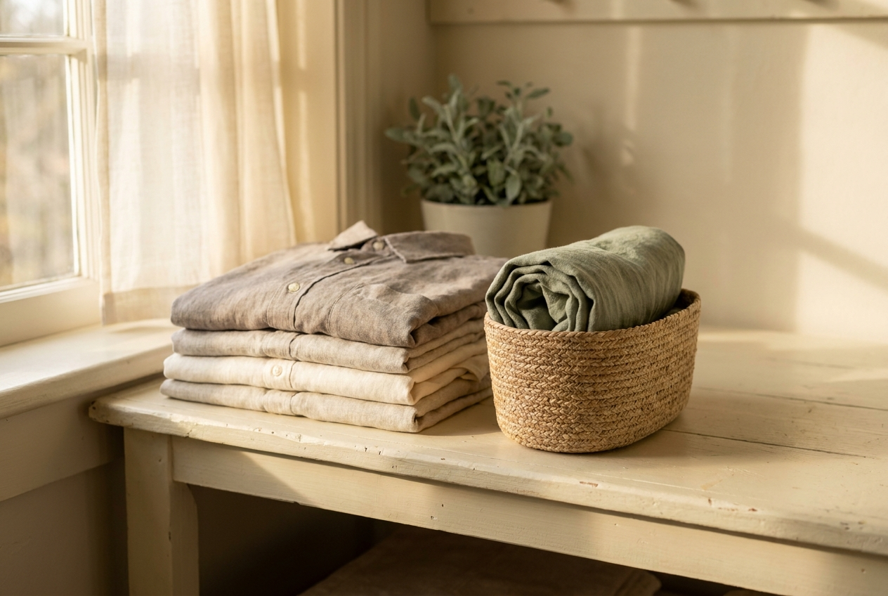 A tidy laundry corner with a neat stack of folded clothes and a woven basket