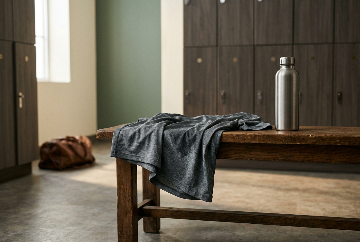 A damp grey performance t-shirt over a gym bench with a water bottle