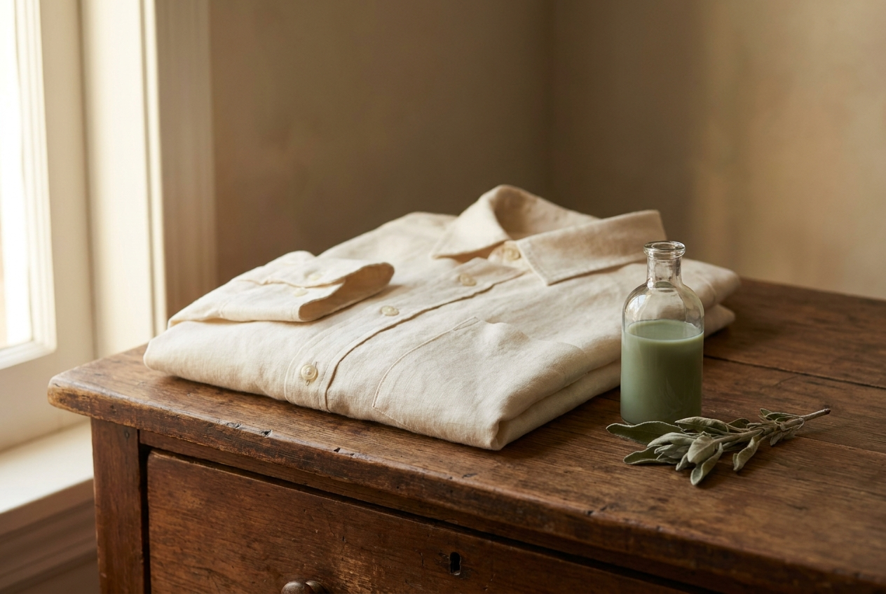 A folded shirt on a wooden dresser beside a minimal fragrance bottle