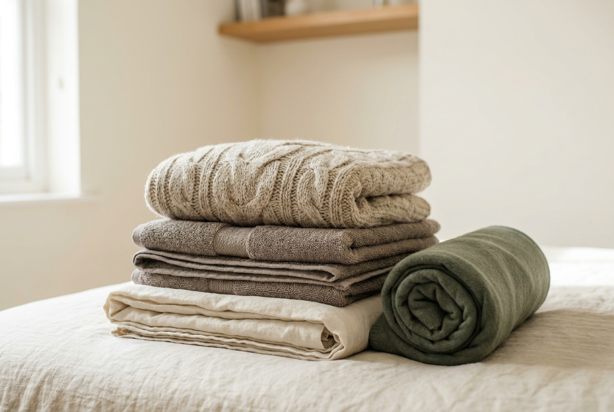 A stack of folded bedding, towels and a wool jumper