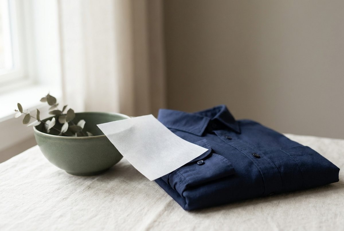 A white laundry detergent sheet resting on a folded navy shirt
