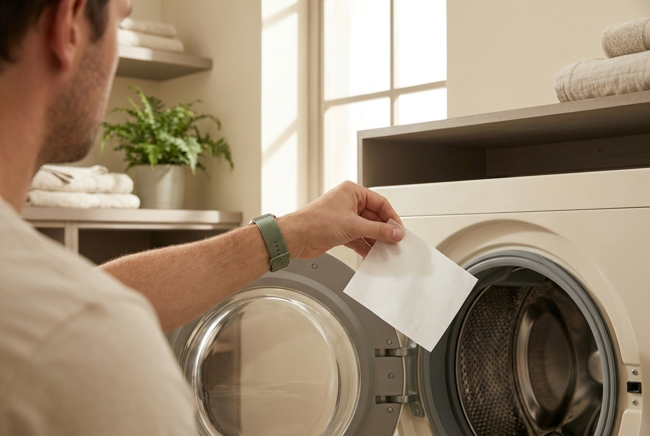 A man placing a white laundry detergent sheet into a washing machine drum