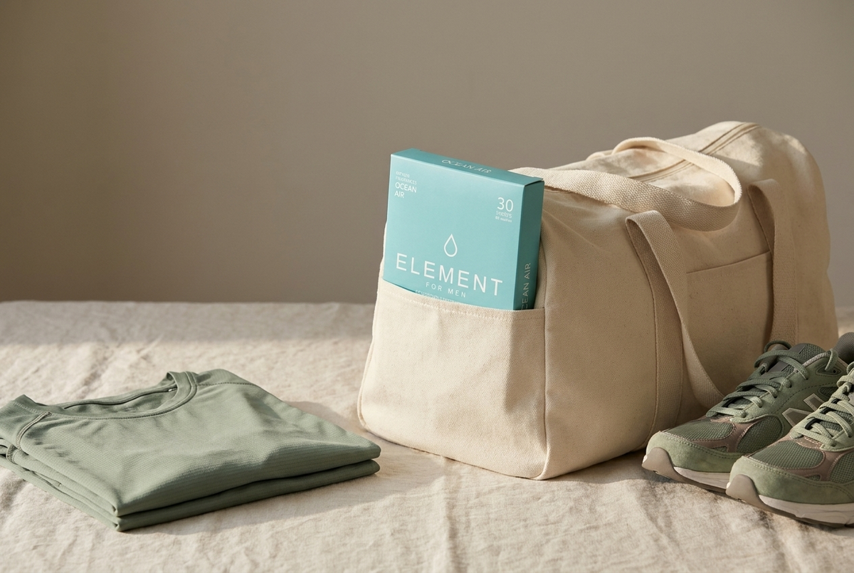 Ocean Air Element detergent sheets box tucked in a runner's kit bag beside a folded running top — running kit care.
