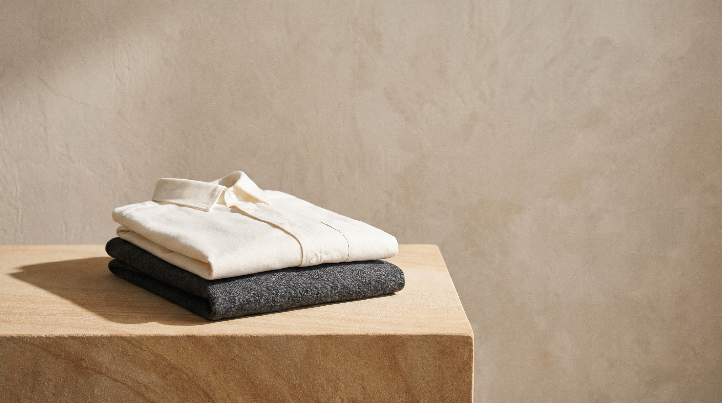 A folded charcoal wool jumper and a cream cotton shirt stacked on a stone plinth in soft daylight.