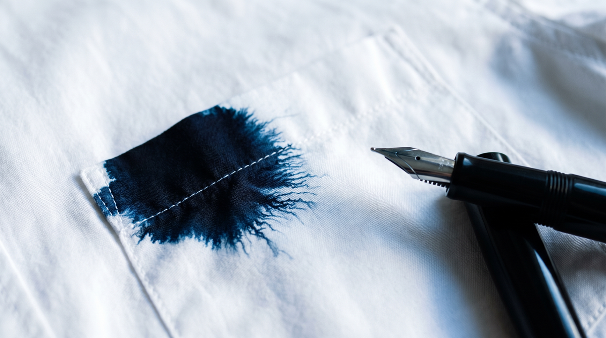 Navy fountain-pen ink bleeding out of the breast pocket of a white cotton shirt into fine capillary threads, with a black fountain pen beside it