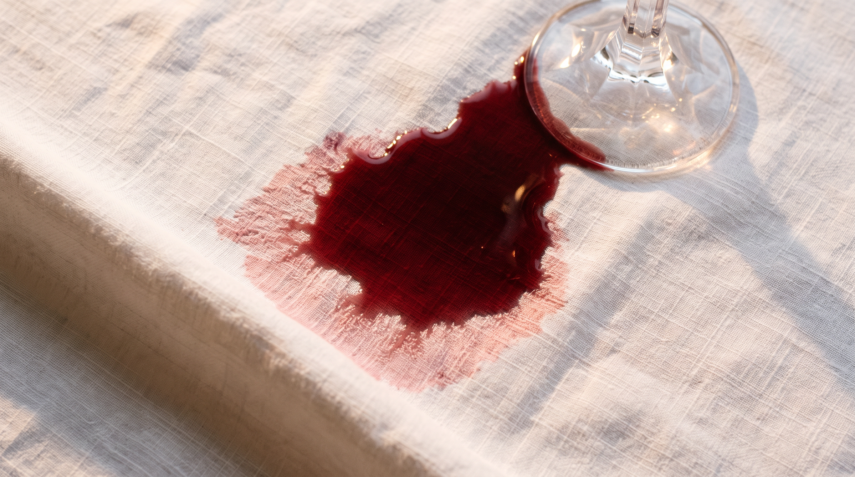 A fresh spill of deep red wine soaking into a white cotton tablecloth, feathering pink at the wicking edge, beside the base of a wine glass