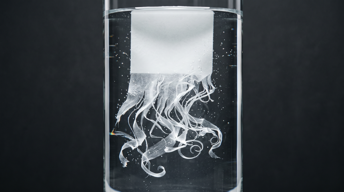 A macro photograph of a thin translucent laundry detergent sheet dissolving into fine ribbons in a glass of clear water, backlit against a charcoal background