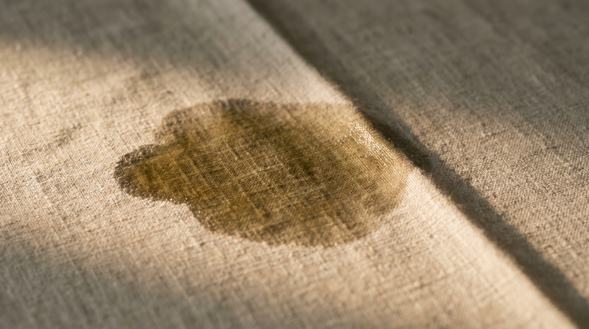 A translucent olive-oil mark spreading across pale oatmeal linen, lit by hard raking light that reveals the weave