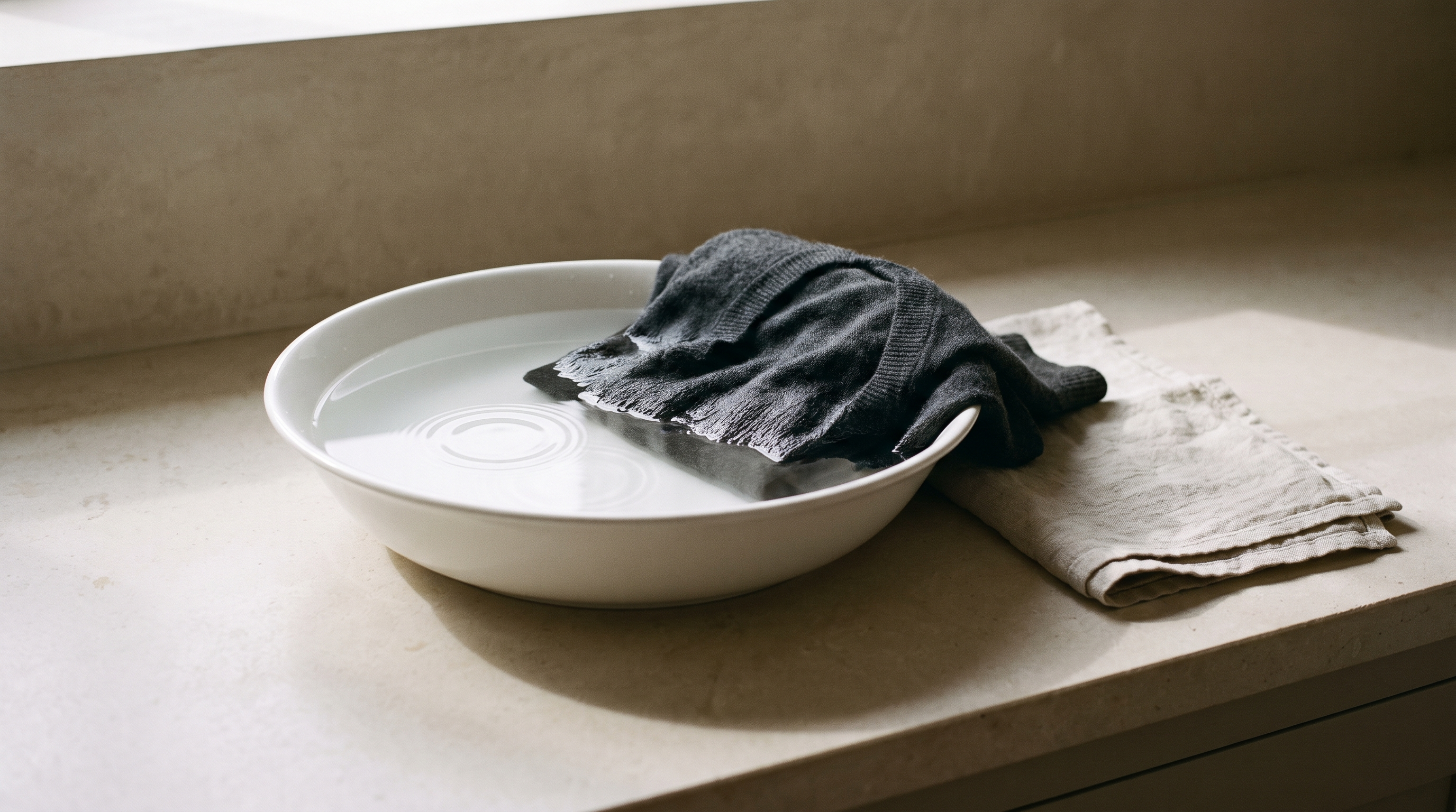 A folded charcoal merino jumper soaking in a shallow white ceramic basin of water on a pale limestone worktop, late-afternoon light across the plaster wall behind