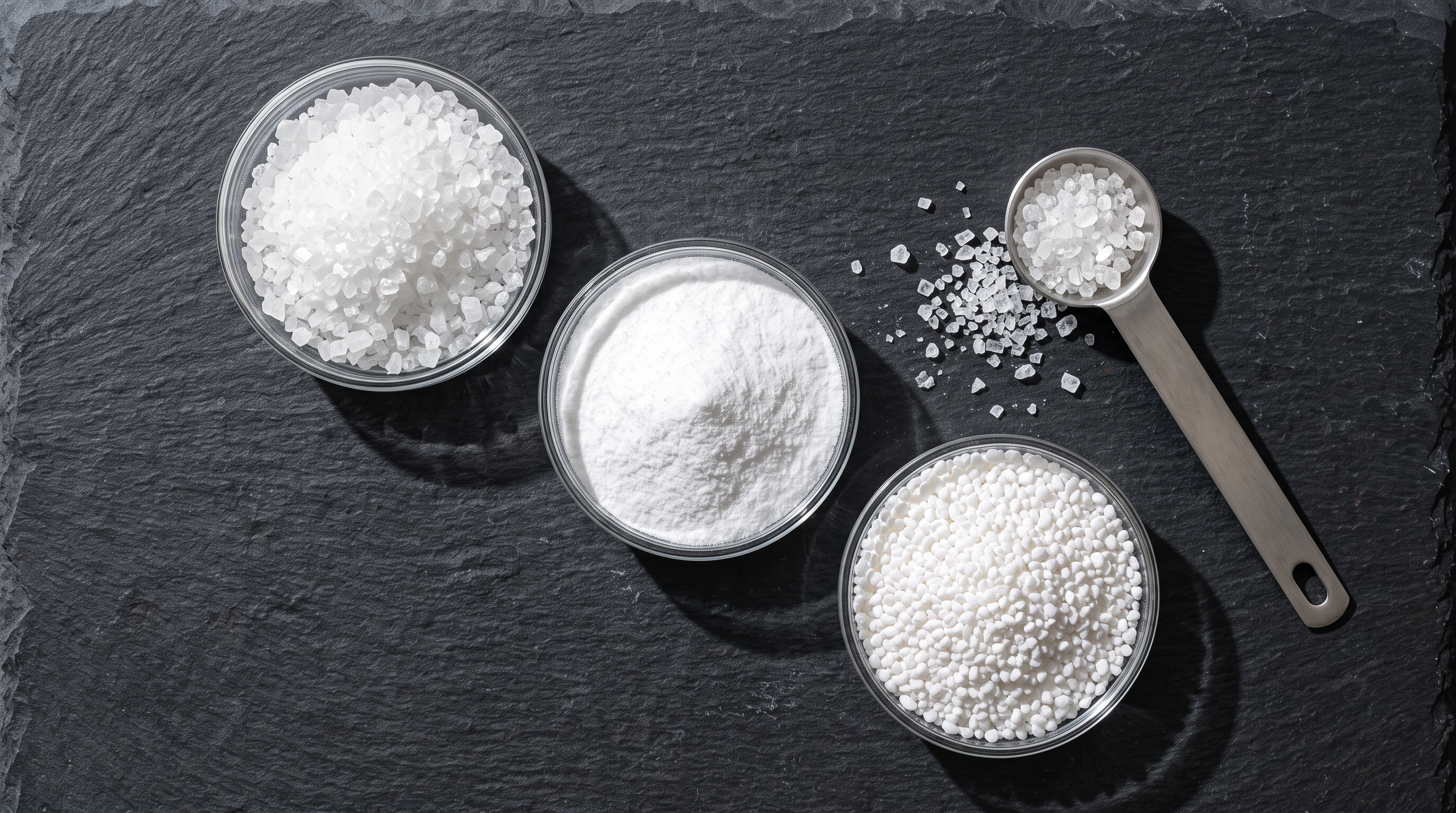 Three shallow glass dishes of white crystalline laundry additives on dark slate under hard raking light, with a steel measuring spoon
