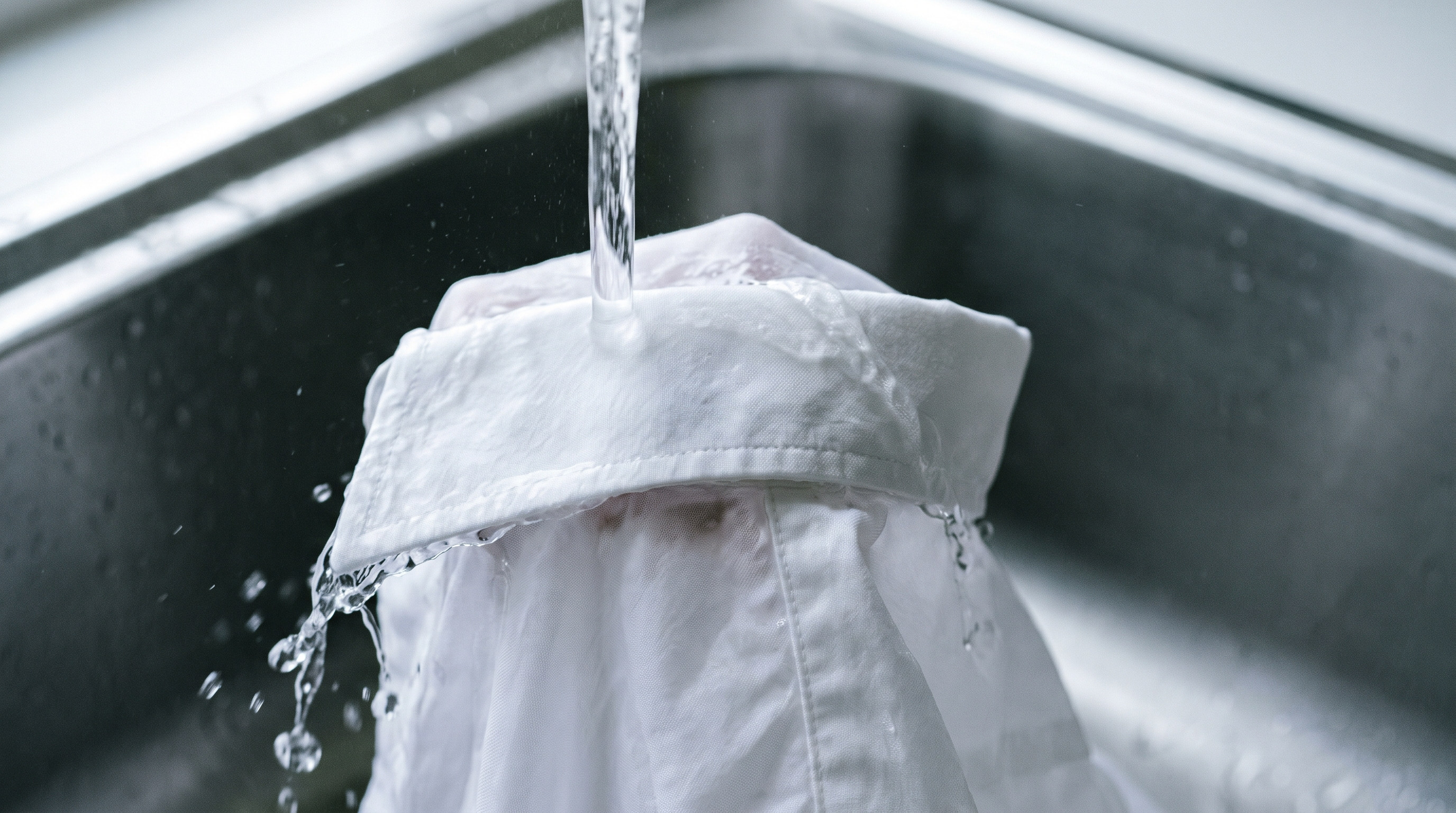 The collar of a white cotton shirt held under a stream of cold running water in a brushed stainless steel sink