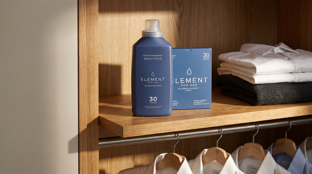 An Element for Men Night Fold fabric softener bottle and detergent sheet carton on an oiled oak wardrobe shelf beside folded white shirts and a charcoal wool jumper
