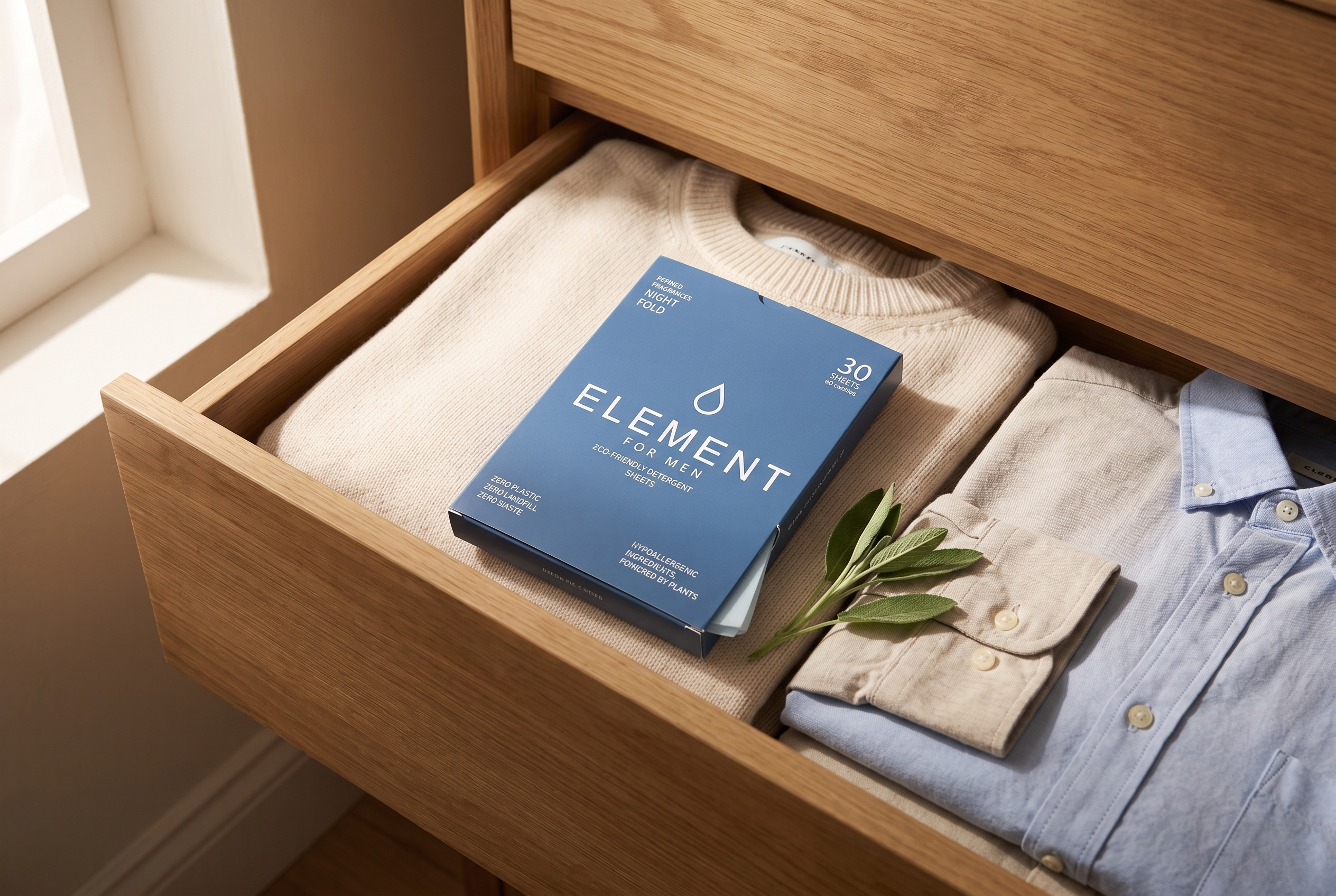 Neatly folded clothes in an open wardrobe drawer with an Element Night Fold detergent sheets pack in warm window light — storing clothes so they smell fresh.
