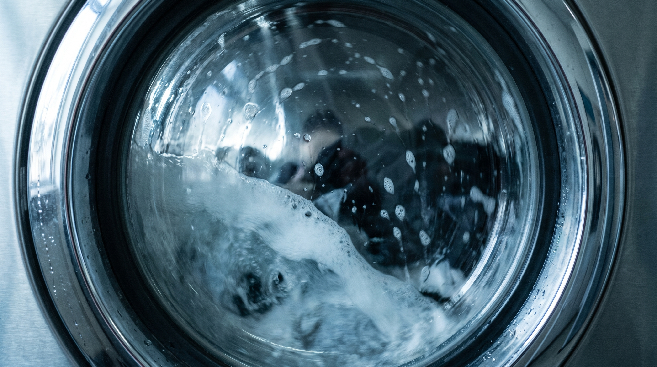 Water and foam sweeping across the glass door of a front-loading washing machine