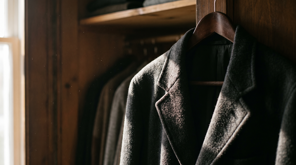 The shoulder of a charcoal wool overcoat on a hanger in a dark wardrobe